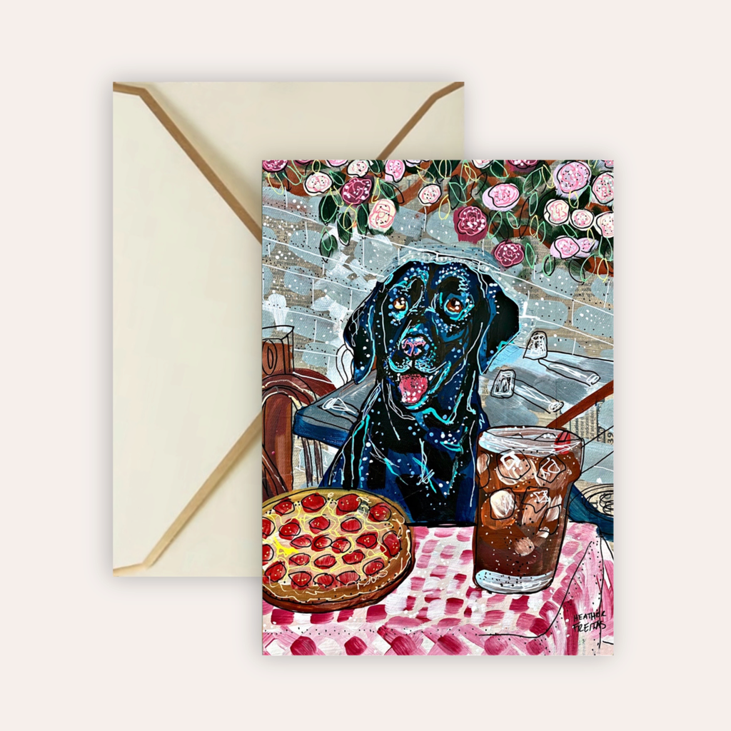 Black Labrador Dining Fine Art Greeting Card